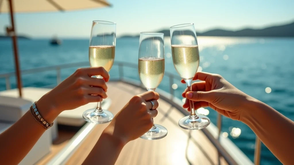 A tight close-up of hands raising champagne flutes